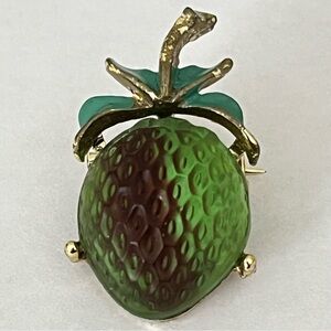 Vintage Molded Glass Enameled Strawberry (Green / Red) Mini Brooch Mid Century